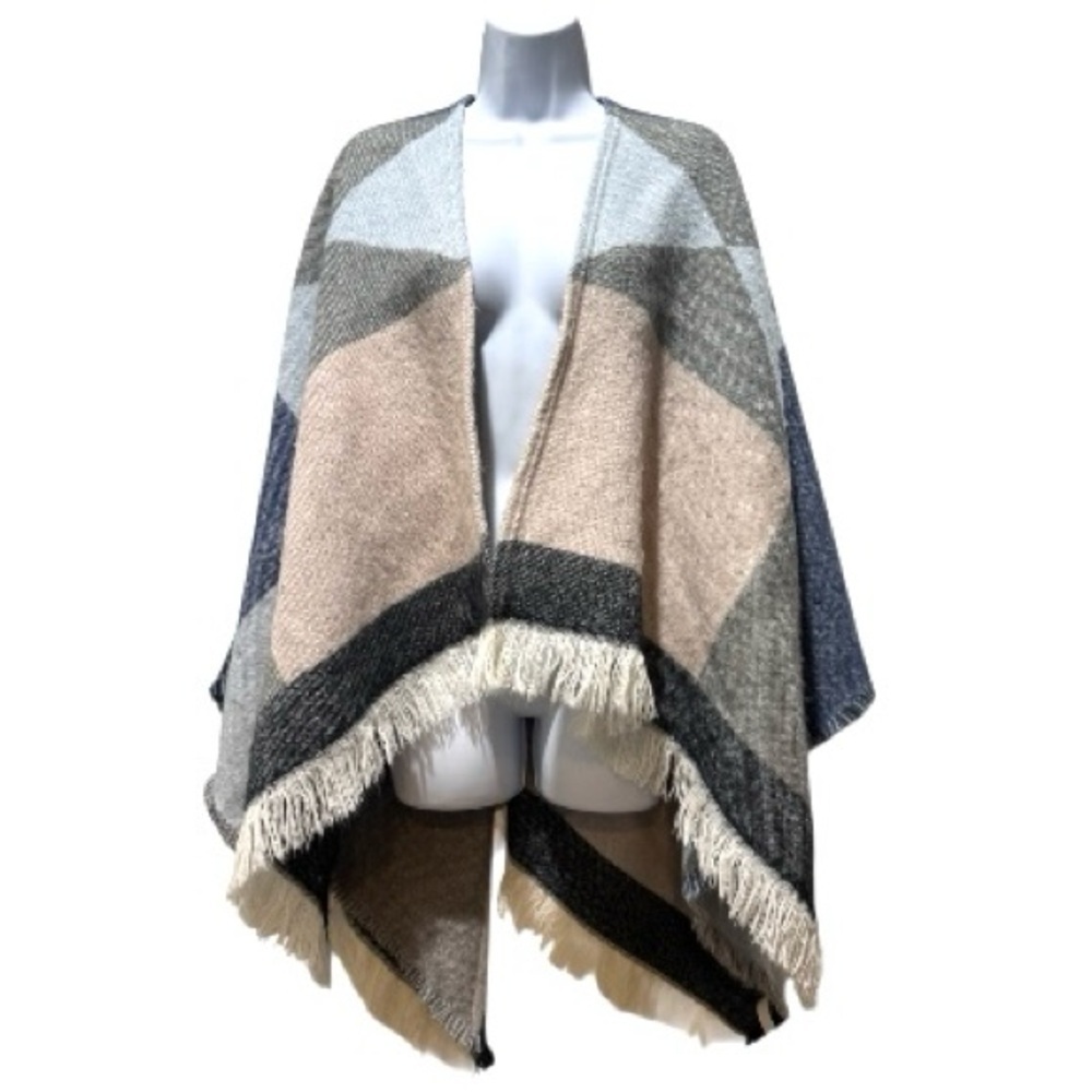 LOFT Factory Color Block Fringe Poncho Shawl Wrap One Size Cozy Fall Layering